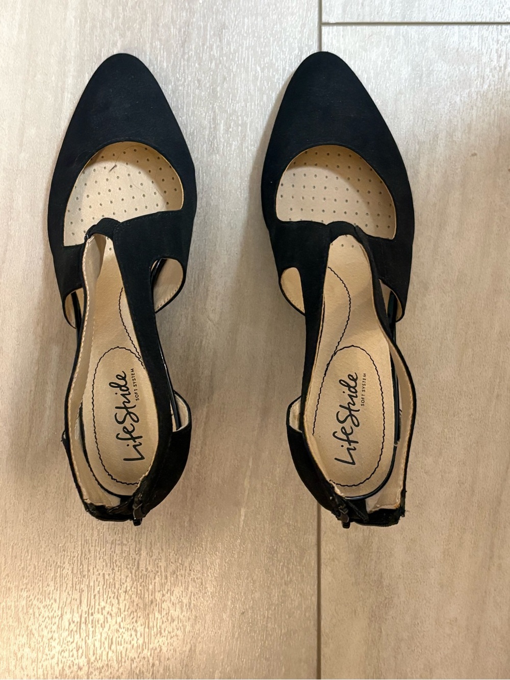 Life Stride Black Pointed T-Strap Heels